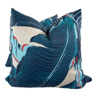 Cw Stockwell "Martinique Belgium Linen" in Navy 22" Pillows-A Pair For Sale