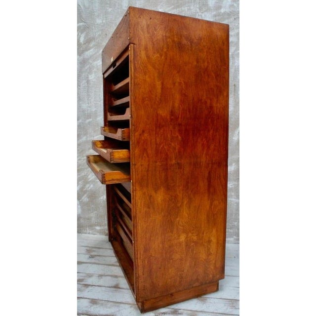 Wood Antique Edwardian Oak Tambour Plan Chest from Warings, 1910 For Sale - Image 7 of 9
