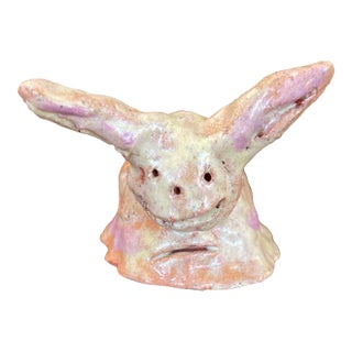1970s Whimsical Hand-Built Ceramic Creature Sculpture With Long Ears and Textured Colorful Glaze For Sale