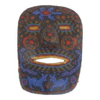Mexican Huichol Folk Art Carved Wood Colorful Beaded Ceremonial Mask For Sale