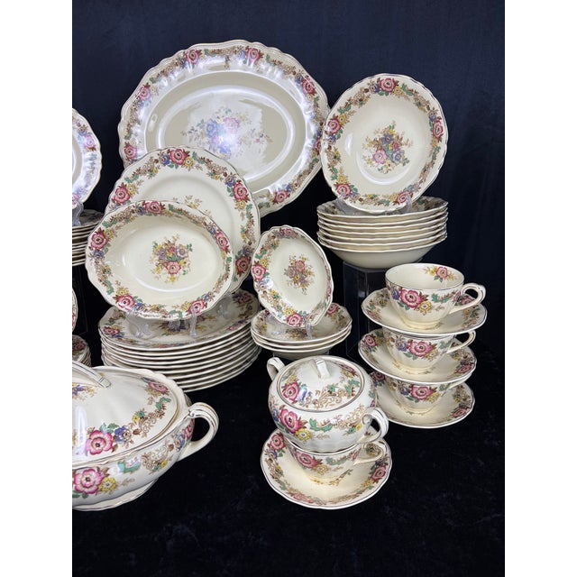 1930s Rare 56-Piece 1930s J & G Meakin "Pilgrim Sunshine" English Ironstone Dinnerware Service With Hostess Spares - Complete Set for 8 For Sale - Image 5 of 15