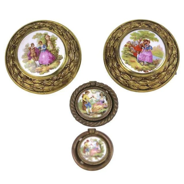 Violet Early 20th Century Porcelain Fragonard Aged Brass Pulls & Tie Backs With Two-Drawer Pulls - 4 Pieces For Sale - Image 8 of 8