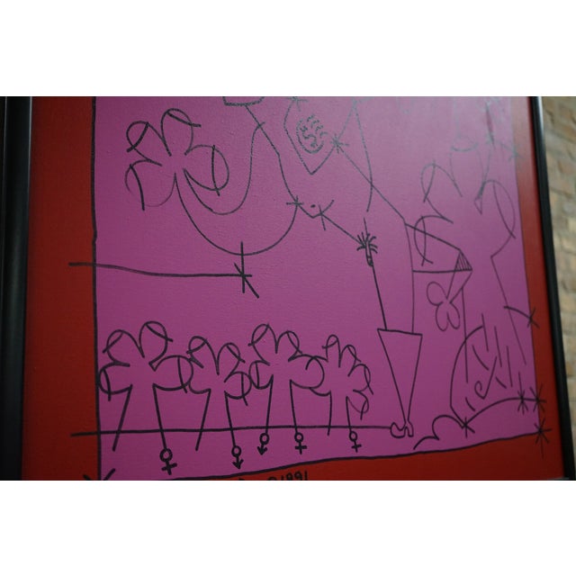 Romero Britto Romero Britto Original Painting on Canvas in Pink, Red and Black Dated 1991 For Sale - Image 4 of 5