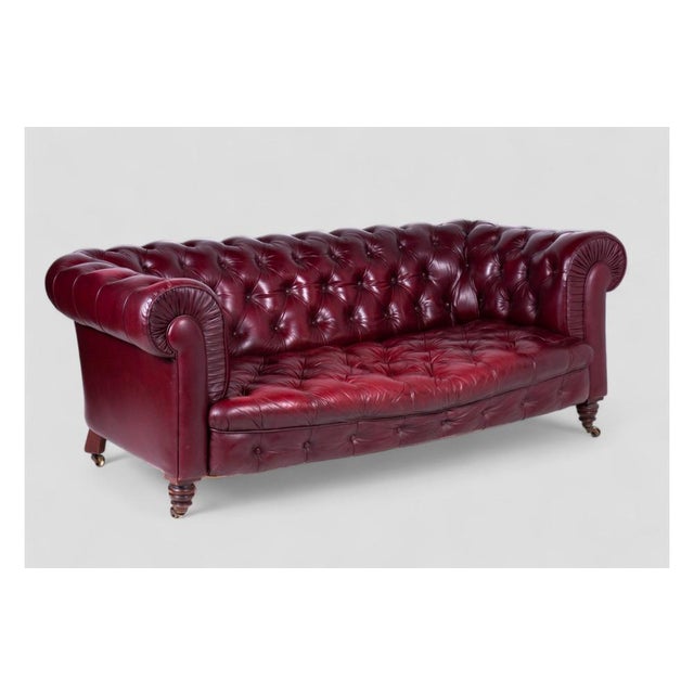 Victorian Chesterfield Sofa in Original Bordeaux Leather, 1800s For Sale - Image 3 of 7