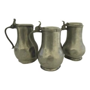 Set of 3 English Pewter Tankards with Lids 18th Century