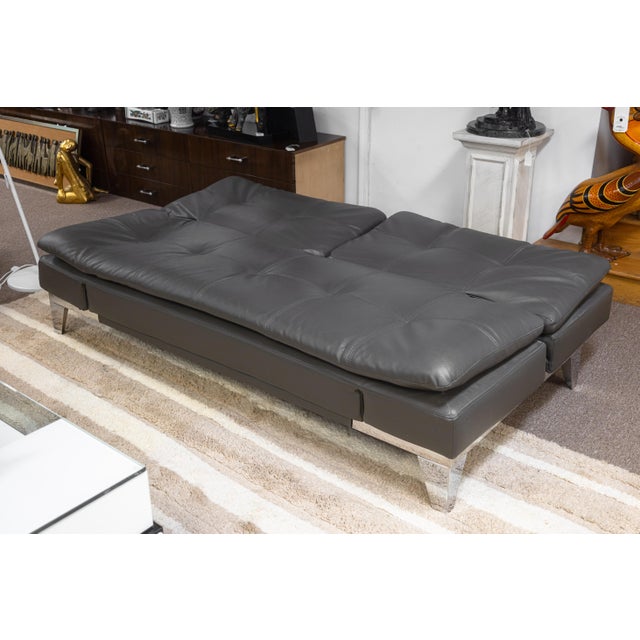 Contemporary Modern Gray Leather and Chrome Frame Adjustable Sleeper Sofa Futon For Sale - Image 4 of 8