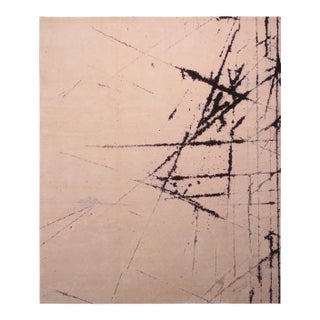 Rug & Kilim's Abstract Nepalese Cream White Wool and Silk Rug, Blue and Purple For Sale