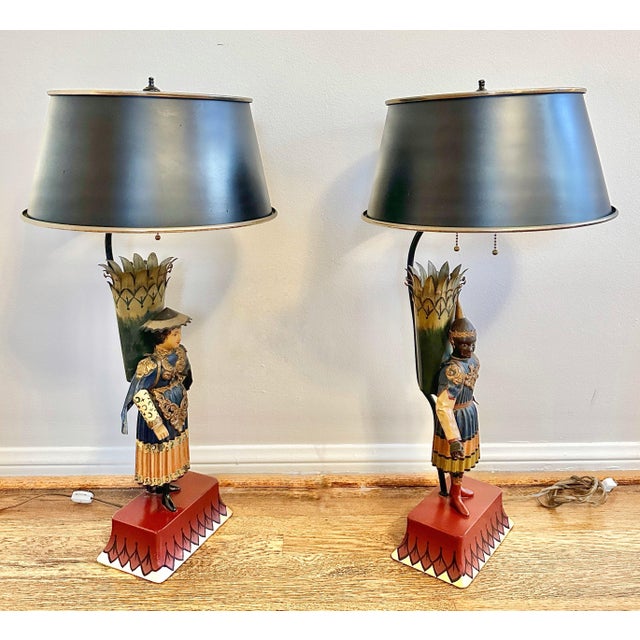 Metal 1980s Chinoiserie Hand Painted Tole Figural Lamps, a Pair For Sale - Image 7 of 12