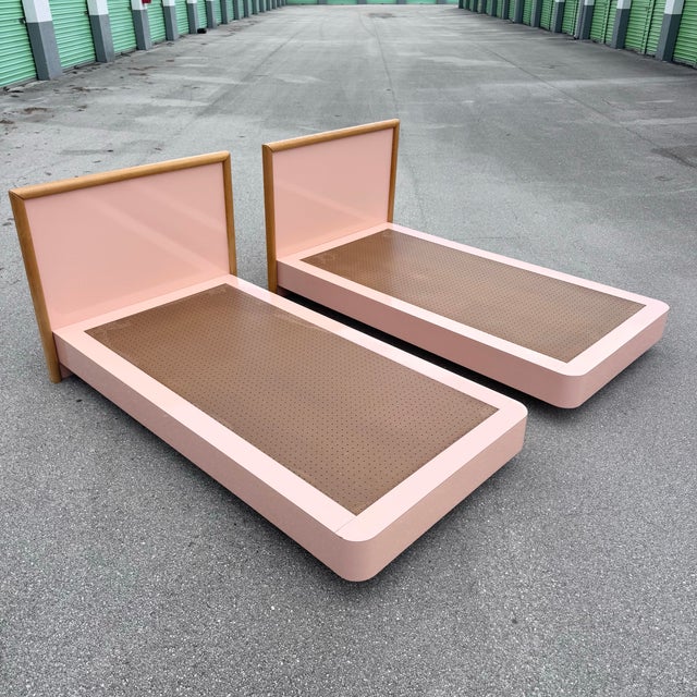 Wood Postmodern Pink Gloss Laminate and Oak Twin Size Platform Beds - A Pair For Sale - Image 7 of 11