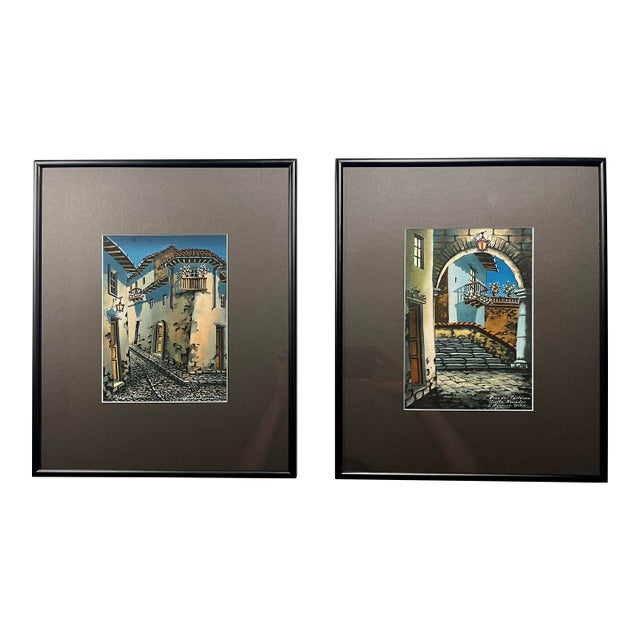 Set of Two 1950's Quito Ecuador by E. Aguirre Diaz Original Watercolor Paintings For Sale
