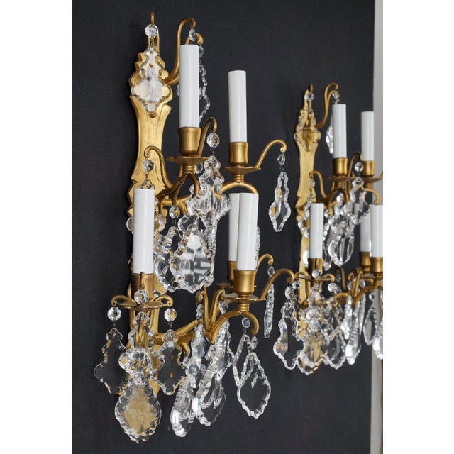 Brass Mid 20th Century Pair of Restored French Plaza Hotel Crystal Wall Sconces For Sale - Image 8 of 10