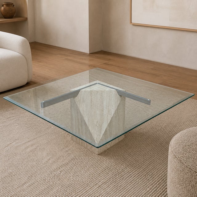 1980s Postmodern Glass Coffee Table With Travertine Base For Sale - Image 4 of 18