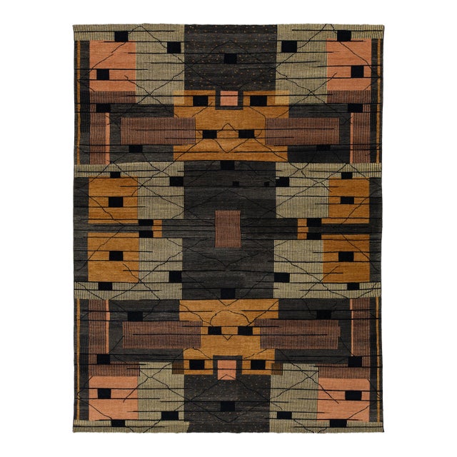 Modern Turkish Woven Wool Rug With Art Deco Design in Earthy Tones For Sale