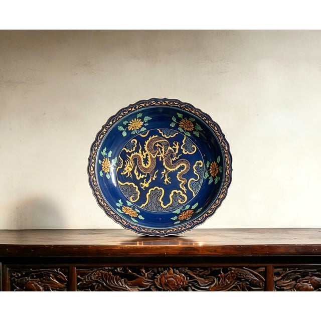 Art Deco Early 20th Century Chinese Ceramic Plate,Zhizheng Marked Blue Ground Golde Drawing Porcelain Plate Hand Painted Dragon Pattern For Sale - Image 3 of 10