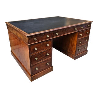 19th Century 18-Drawer English Partners Desk With Inset Tooled Leather Top For Sale