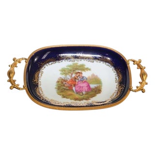 Limoges France Dish in Royal Blue with Fragonard Couple and Fine Gold Metal Trim For Sale