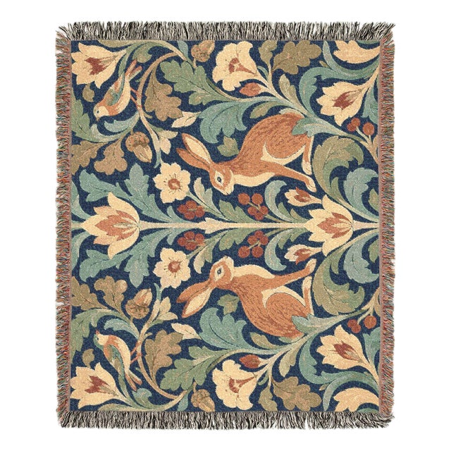 Arts & Crafts Woodland Hares Botanical Woven Throw Blanket – Indigo Blue & Sage, 60 × 50 For Sale