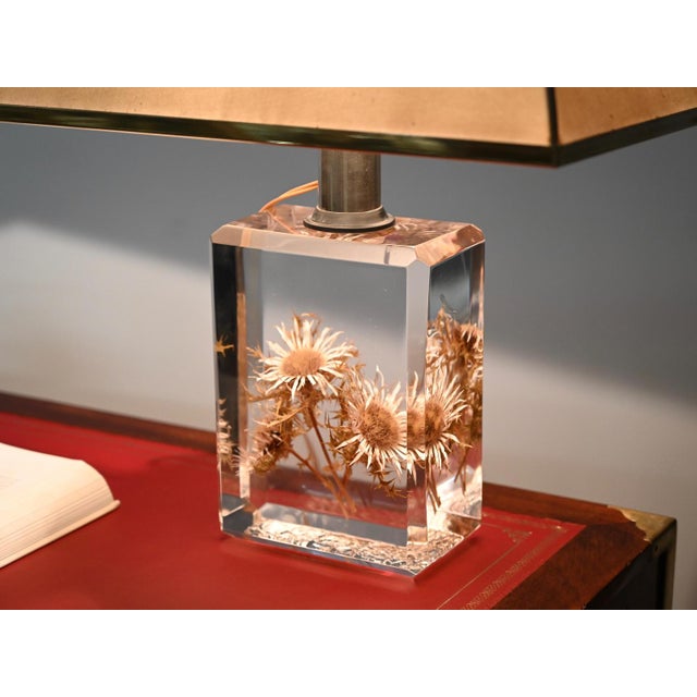 Beveled Acrylic Glass with Thistles Table Lamp with Silk Shade by Pierre Giraudon, 1970s For Sale - Image 3 of 18