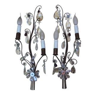 1940's XL French Hollywood Regency Stylized Iron W/Cut Crystal Floral Sconces Attrib. Maison Bagues - a Pair For Sale