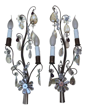 1940's XL French Hollywood Regency Stylized Iron W/Cut Crystal Floral Sconces Attrib. Maison Bagues - a Pair