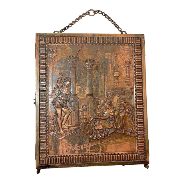Antique Relief Figural Copper Triptych Panel Folding Table Vanity Mirror Plaque For Sale