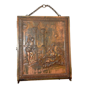Antique Relief Figural Copper Triptych Panel Folding Table Vanity Mirror Plaque