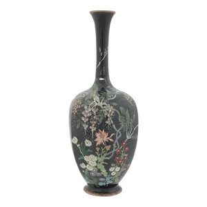 Antique Meiji Japanese Cloisonne Enamel Vase Wisteria and Flowers