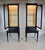 A pair of exquisite, symmetrical etagere vitrine bookcase or curio cabinets showcasing brass diamond pattern lattice...