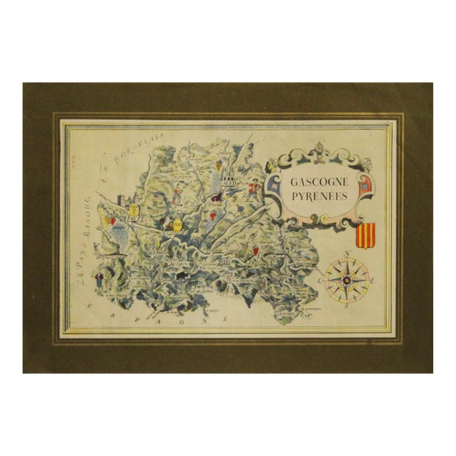 1960's French Vintage Mini Map, Gasgogne Pyrenees For Sale