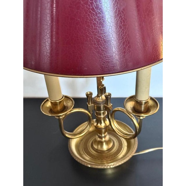"Bronze bouillotte lamp" Solid bronze bouillotte lamp with three lights, height-adjustable red lampshade, very good...