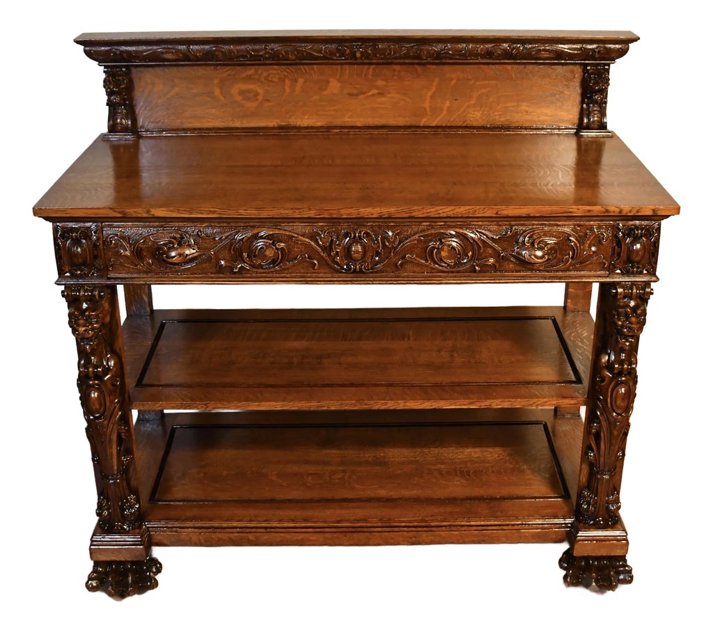 1900 Antique Rj Horner Tiger Oak Carved Griffin Server / Buffet