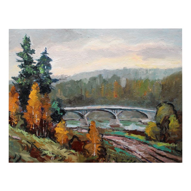Wilhelms Girupnieks, Bridge in Autumn, 1964, Oil on Cardboard For Sale