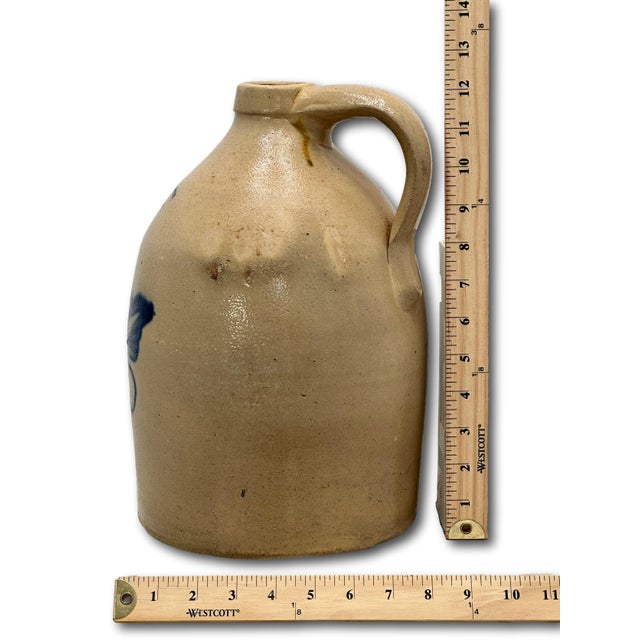 Excellent & Unsusal 1 1/2 Gallon Size Antique American Blue Flower Decorated Stoneware Jug From Vermont Circa 1870s For Sale - Image 18 of 18