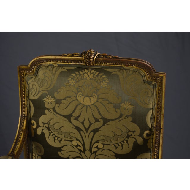 19th century antique Louis XV-style bergere reupholstered in new Scalamandre Bellona Silk Damask. Fiber Content: 76%...