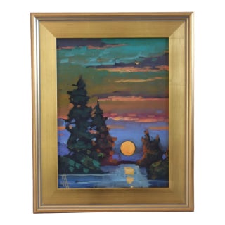 William Hawkins Moonlight Landscape Seascape Painting Including the Antiqued Gold Wood Frame For Sale