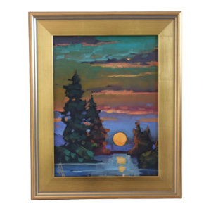 William Hawkins Moonlight Landscape Seascape Painting Including the Antiqued Gold Wood Frame