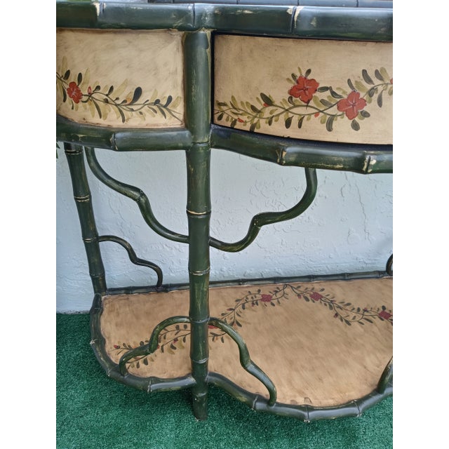 Vintage Faux Bamboo Dark Green Yellow Floral Chinoiserie Palm Beach Regency Console Table Mirror Set of 2 For Sale - Image 11 of 12