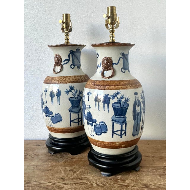 Vintage Asian Blue and White Porcelain Vase Lamps - A Pair For Sale - Image 9 of 12