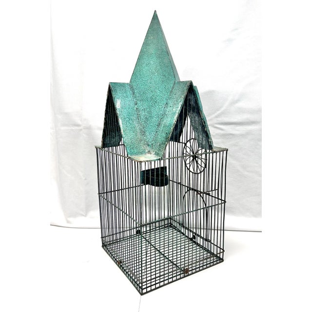 1980s Vintage Architectural Metal Birdcage With Green Patina Roof For Sale - Image 5 of 11