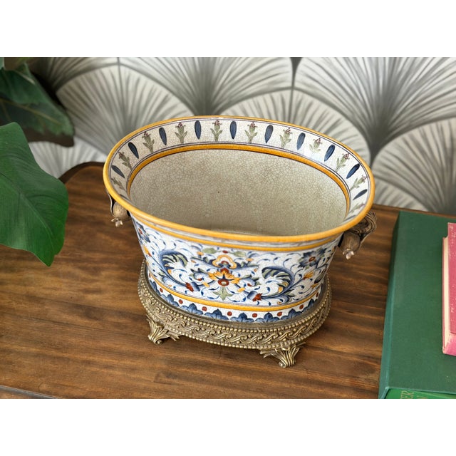 Vintage Porcelain Crackle Glaze Floral Jardinière Brass Ormolu-Style Footed Cachepot Planter Vase For Sale - Image 12 of 17