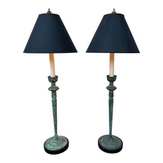 Pair of Vintage Frederick Cooper Verdigris Candlestick Buffet Table Lamps For Sale