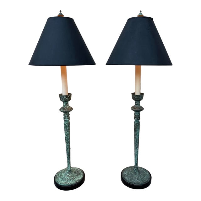 Pair of Vintage Frederick Cooper Verdigris Candlestick Buffet Table Lamps For Sale