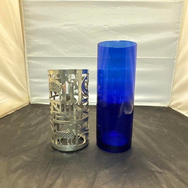 Kachina Candle Holder Cobalt Blue Glass Vase Universal Pewter Hurricane Wrap For Sale In New York - Image 6 of 10