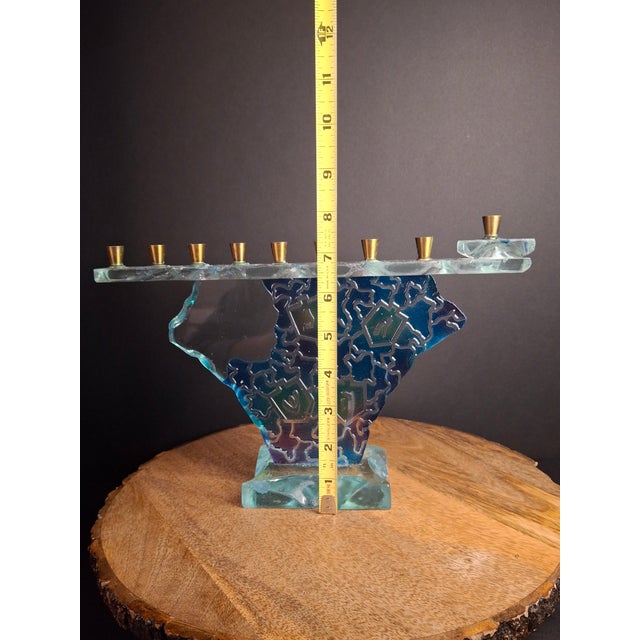 Late 20th Century Signed Uda Yehuda Parmat Studio Art Glass Menorah Iridescent Fused Dreidel For Sale - Image 16 of 17
