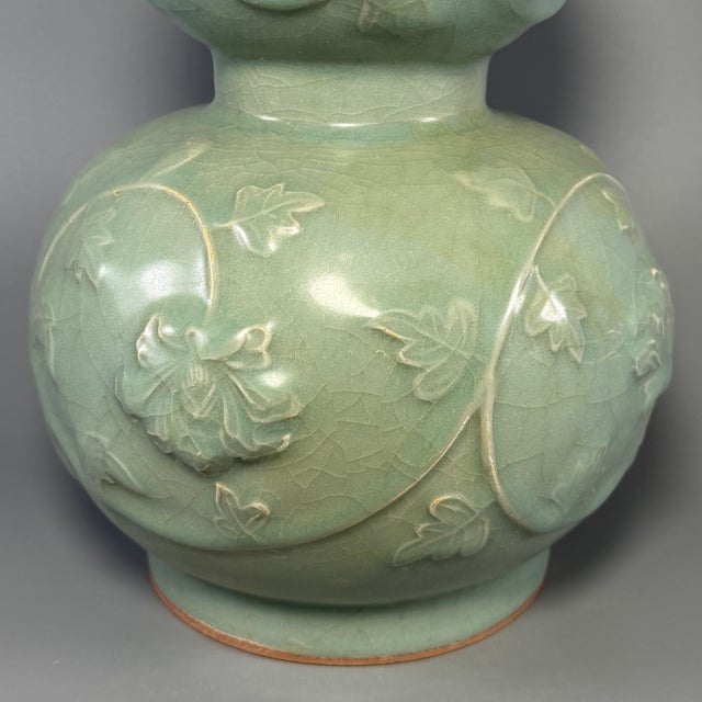 Antique Chinese Celadon Relief‑Decorated Double Gourd Vase, Collectible Antique For Sale - Image 4 of 7