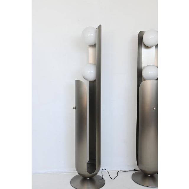 Postmodern 1970s Postmodern Tall Bruched Stainless Steel Metal Double Glass Globe Floor Lamp - a Pair For Sale - Image 3 of 9