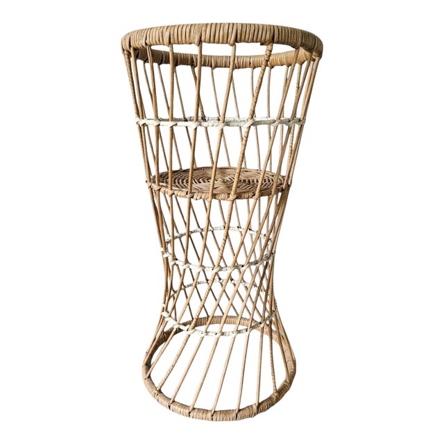 1990s Handcrafted Boho Rattan Wicker Floor Plant Stand For Sale