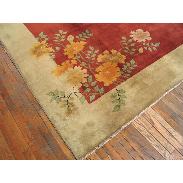 1920s Orange Persimmon Floral Antique Chinese Art Deco Carpet 9' X 12' Handknotted Wool Rug For Sale - Image 4 of 6
