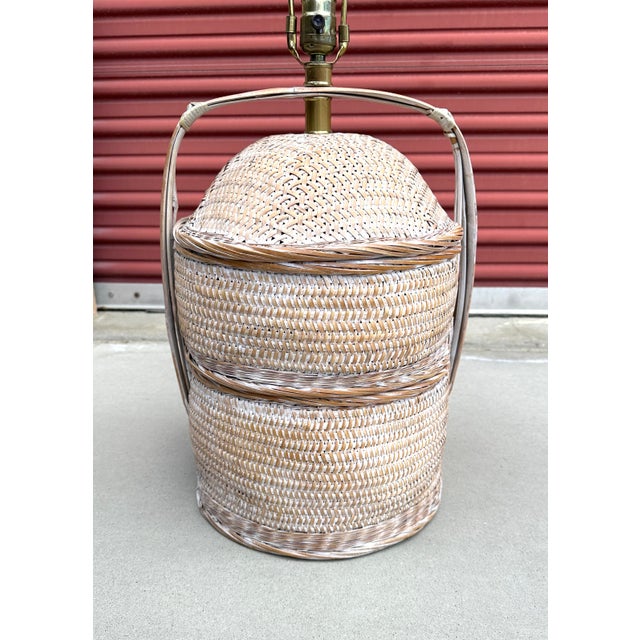 Tan Vintage MCM Chinese Wedding Basket Table Lamp For Sale - Image 8 of 10