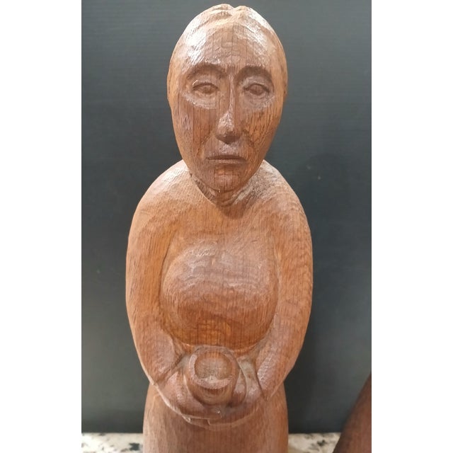 Realism 1940s Pair of Early John Rood Oak Wood Figure Sculptures For Sale - Image 3 of 7